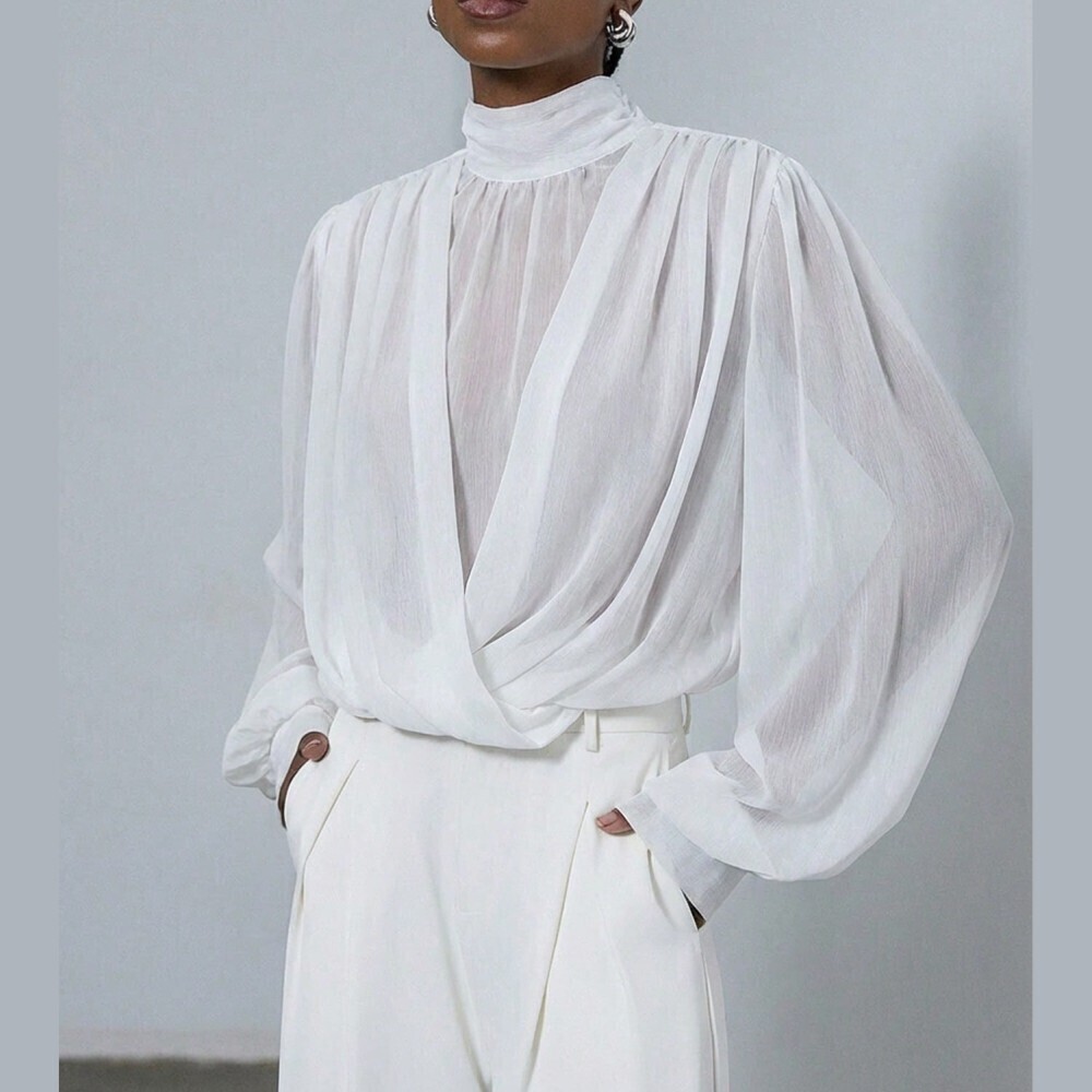 White Draped Mock Neck Balloon Sleeve Crop Blouse